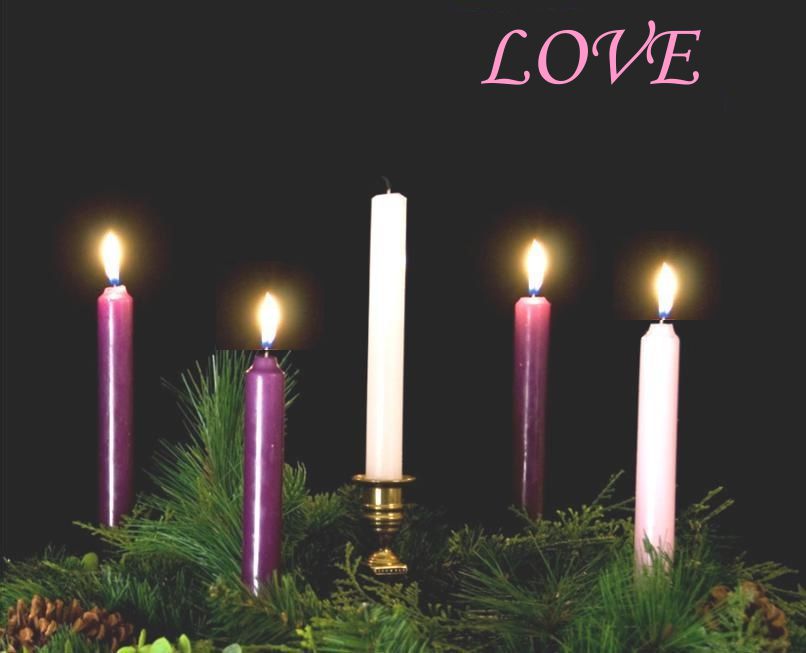 Five candles on a wreath.  Four of the candles are lit, signifying Love and marking the fourth Sunday of Advent.