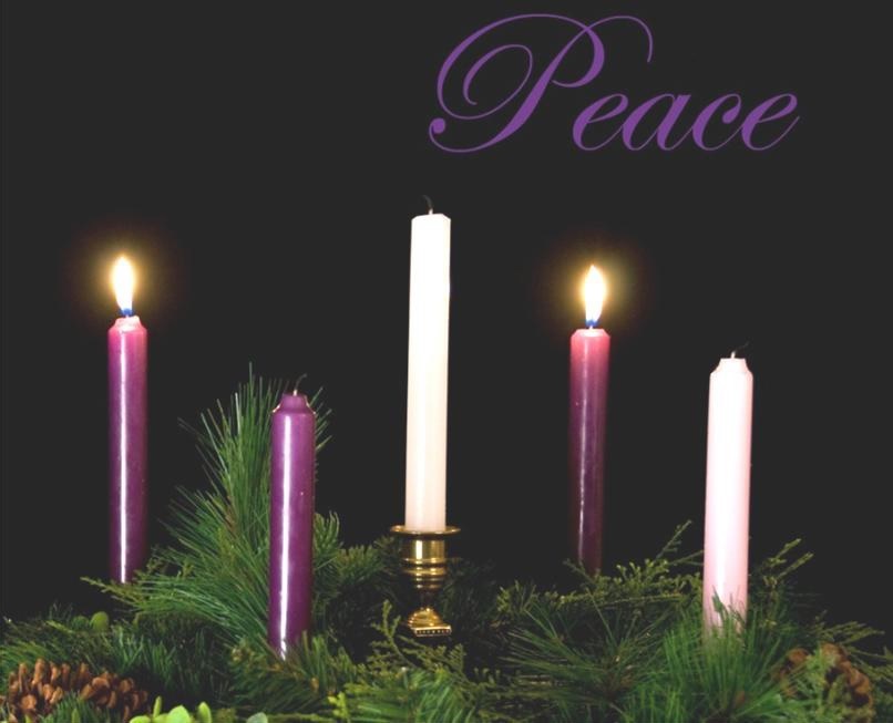 Five candles arranged in a bundle of evergreen boughs and pinecones, with two candles lit, signifying the second Sunday of Advent.