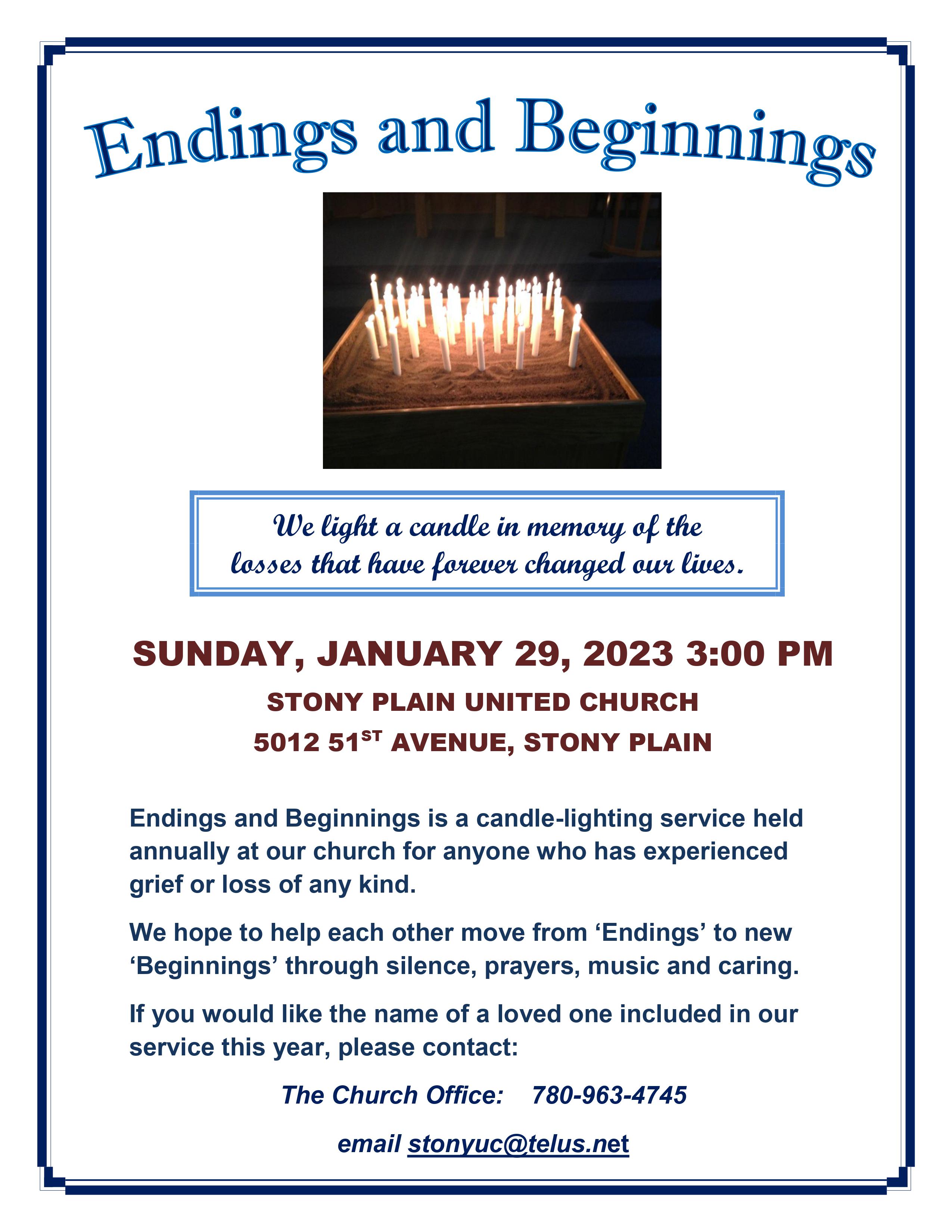 poster for the annual "Endings and Beginnings" service