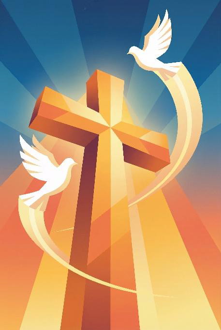 an image of a cross with two doves flying around it