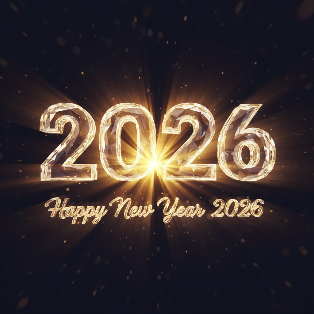 The message "Happy New Year 2026" spelled out in glowing diamond-like letters against a black background, with a brilliant flare of light illuminating them from behind