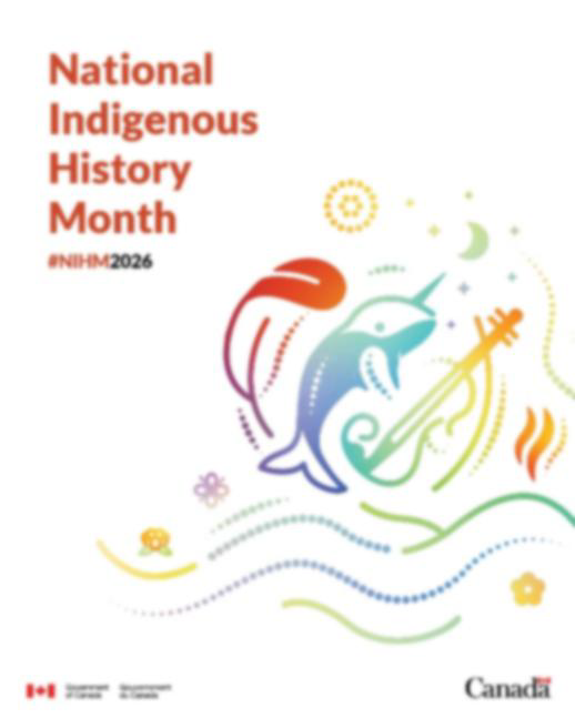 A stylized image of a feather, a narwhal, and a violin, with waves below and the sun and moon above, fire on their right, and flowers on their left, in celebration of National Indigenous History Month and National Indigenous Peoples Day